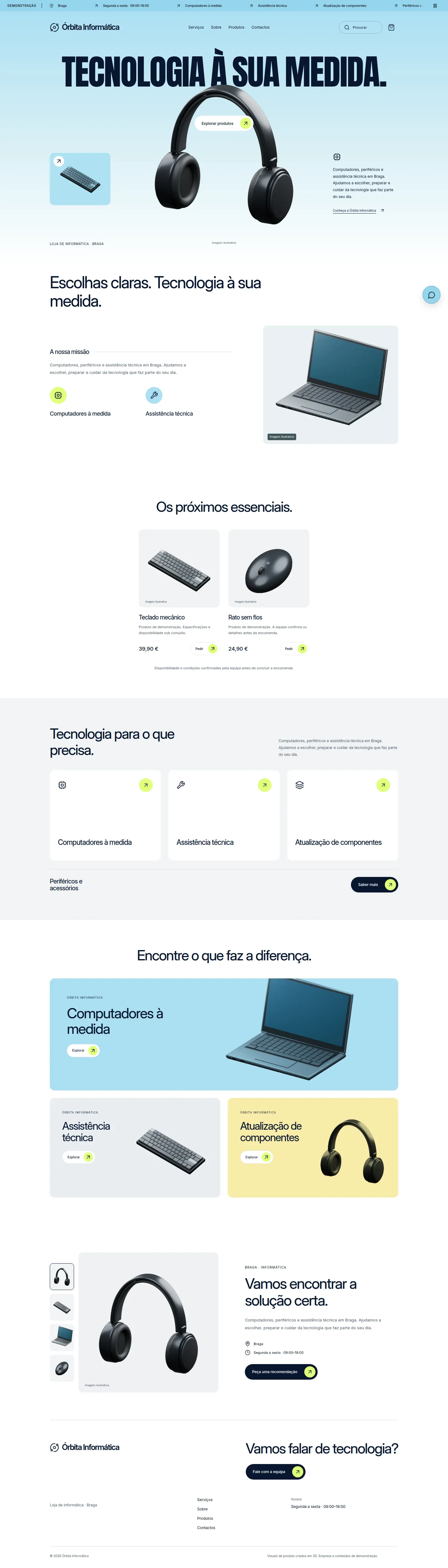 Página inicial da Órbita Informática, com produtos de tecnologia e composição Snopex